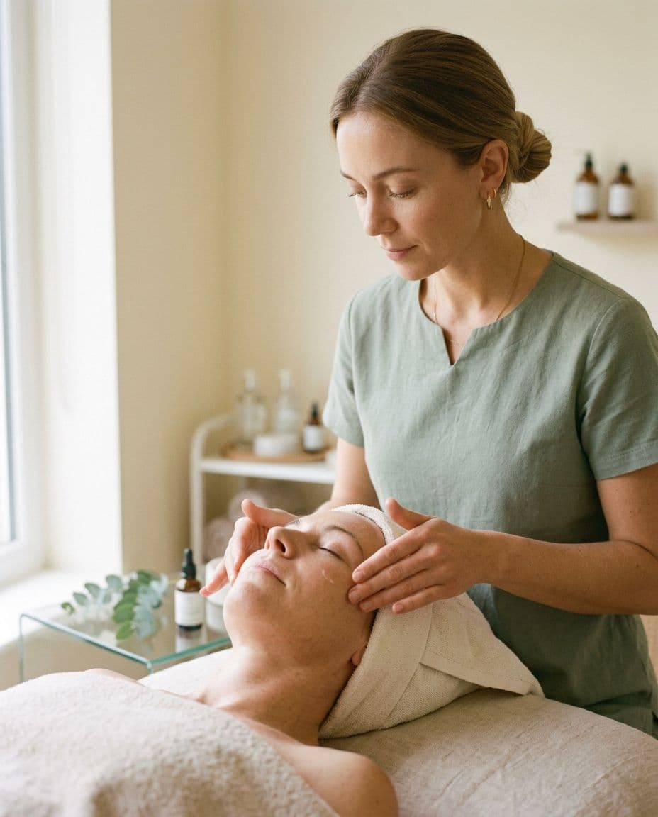 Megan applying serum during a facial